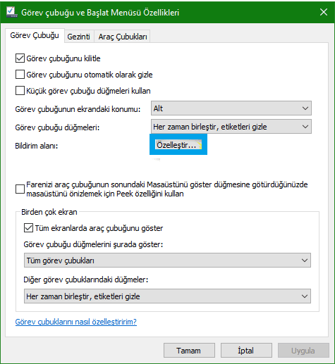 Windows 10 görev çubuğu bildirim ayarları