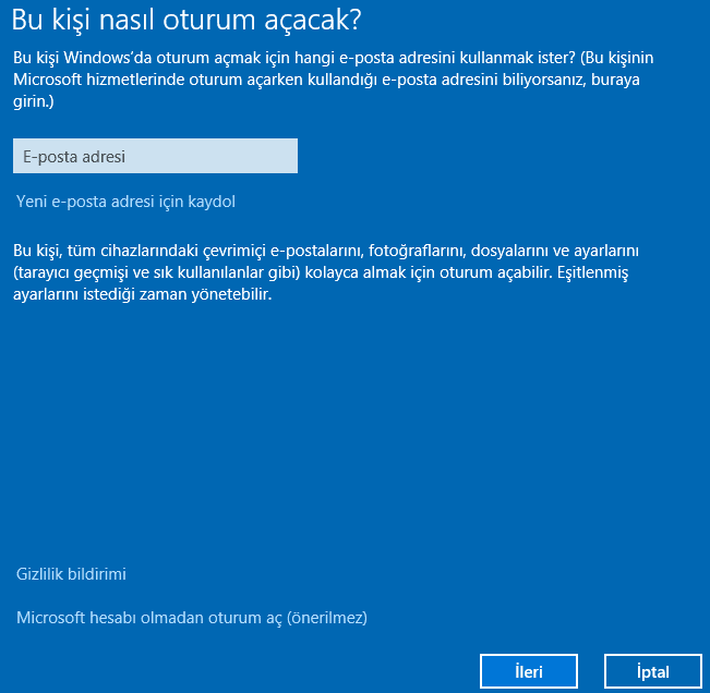 Windows 10 misafir hesap oluşturma