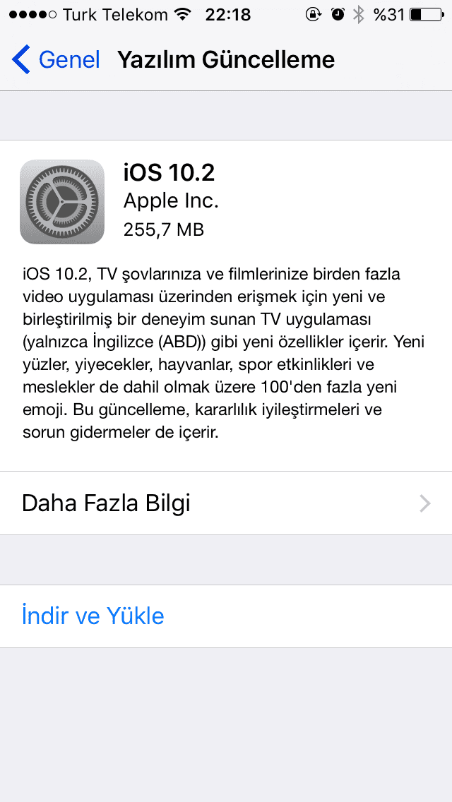 iOS 10.2 indirilirken bir hata oluştu