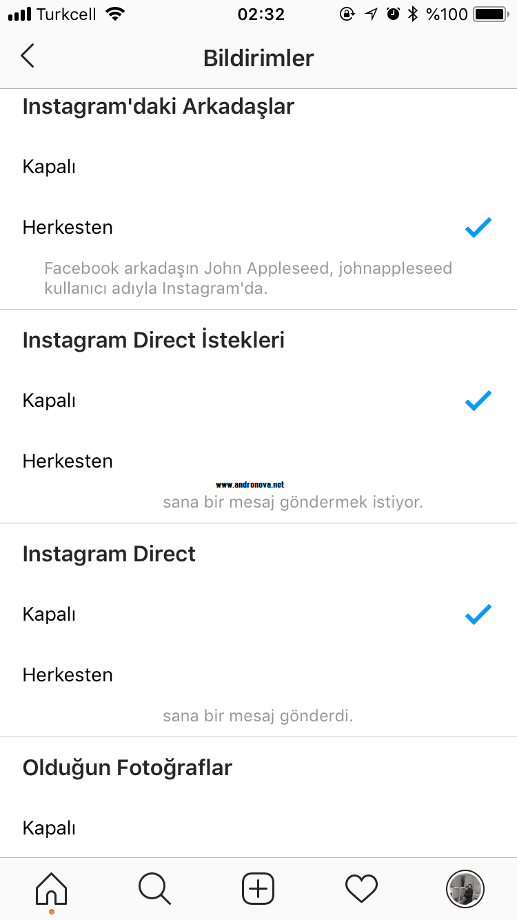 Instagram mesaj gelmesini engellemek