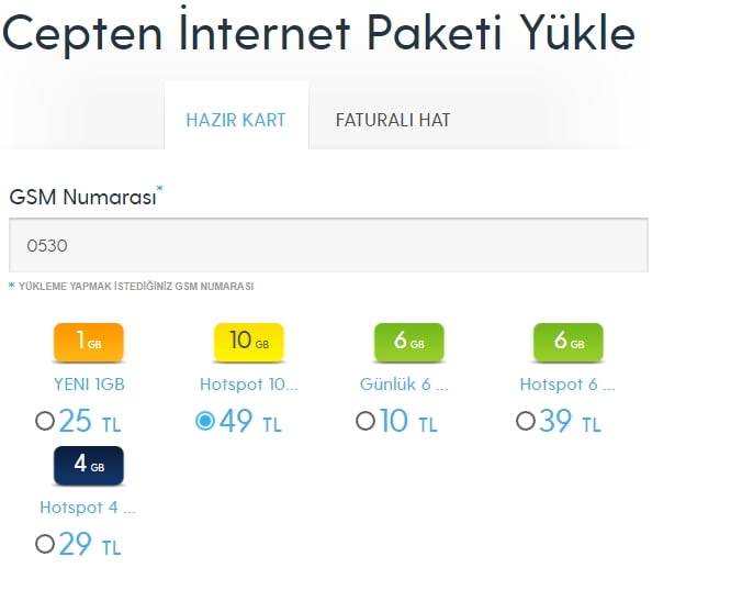 Kredi kartı ile Turkcell numaraya internet paketi gönderme