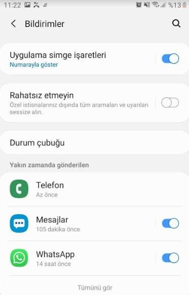Samsung bildirim mesajlarını açma