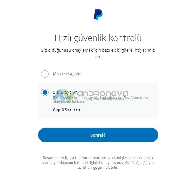 PayPal  hesap onay mesajı telefona gelmiyor