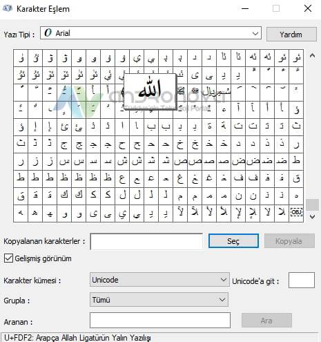 Windows 10 Arapça Allah yazımı