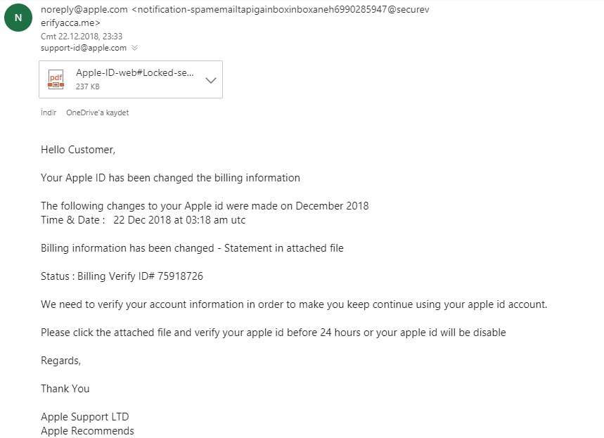 Your Apple ID has been changed the billing information