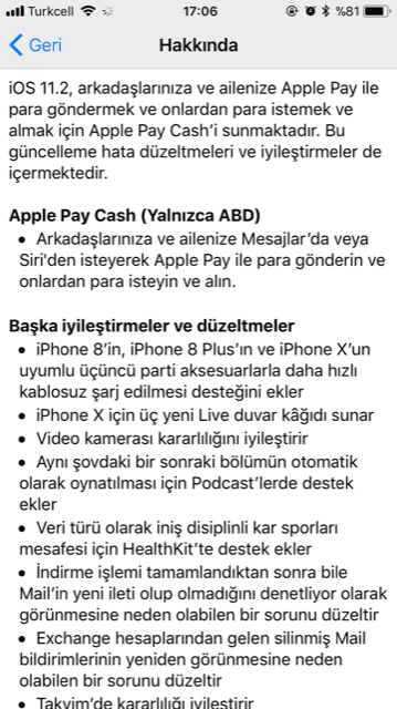 iOS 11.2 güncellemesi