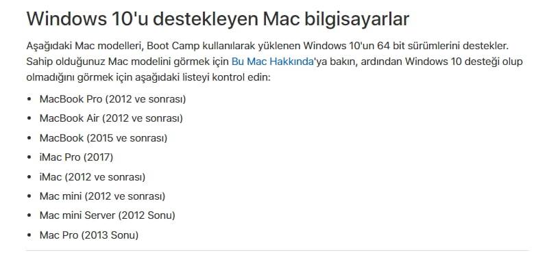 Windows 10 destekleyen mac bilgisayarlar