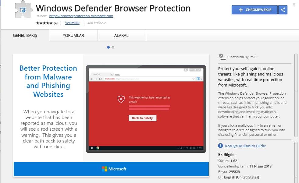 Google Chrome Windows Defender virüs koruması