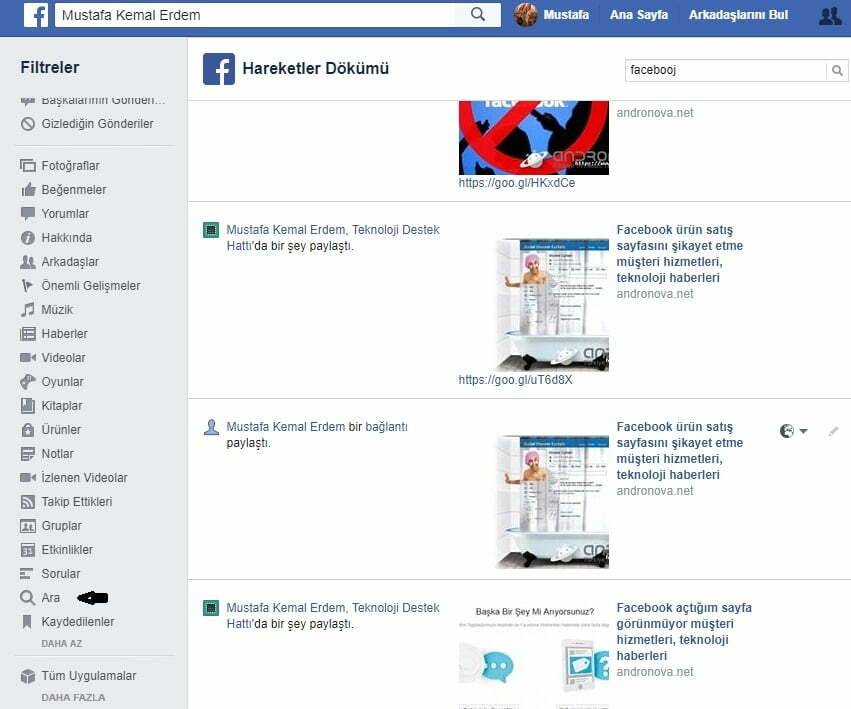 Facebook hesabının arama geçmişini temizleme