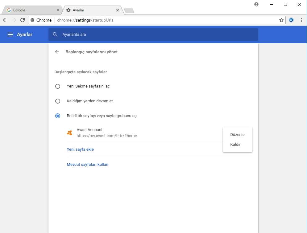 Windows 10 Google Chrome açılış sayfasını değiştirme