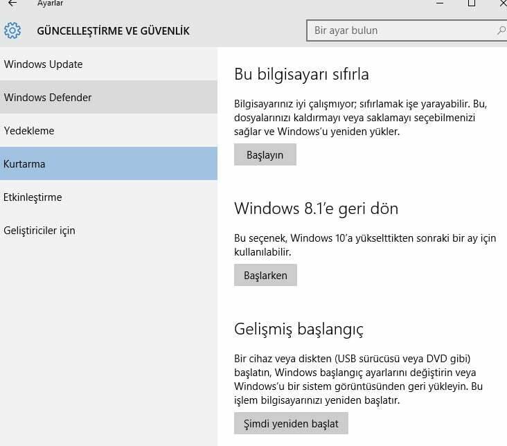 Windows 10 güvenli mod da açma