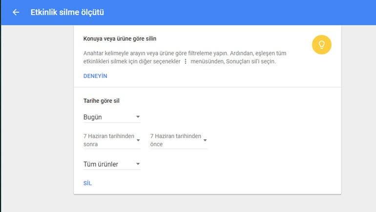 Google MyActivity arama kayıtlarına bakma ve silme