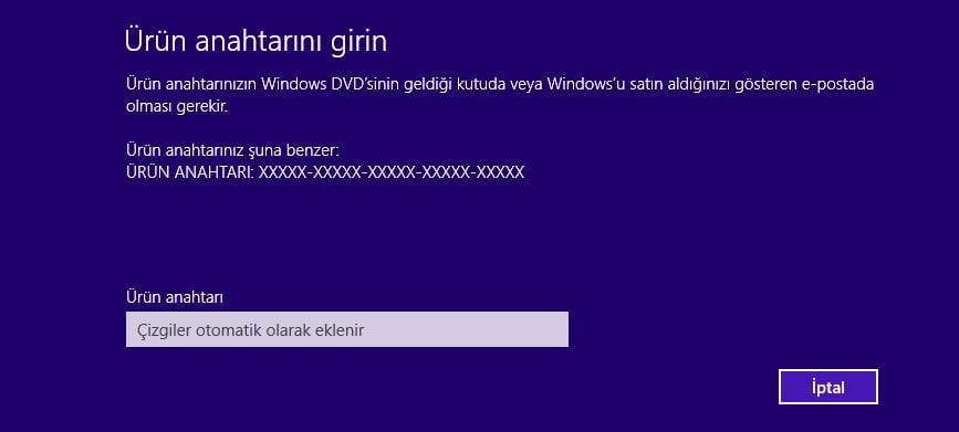 Windows 10 lisans ürün anahtarını girme