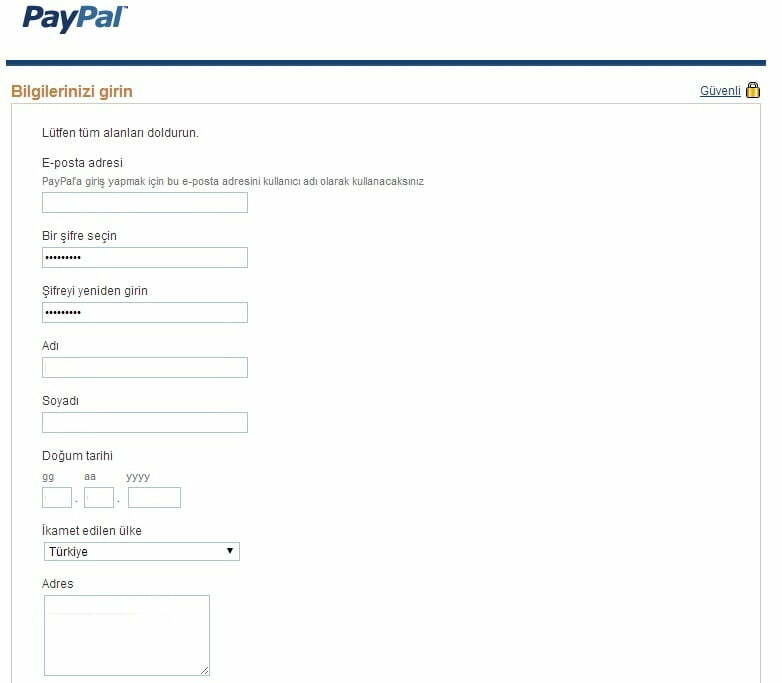 PayPal hesap açma