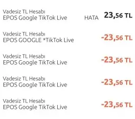 EPOS Google TikTok Live para cekme sorunu